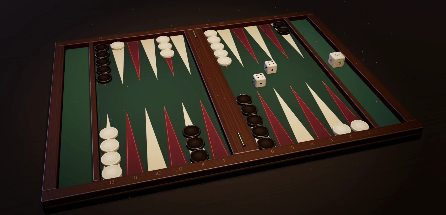 Gammon Nova’s Club board with green felt, dark wood, ivory and black checkers, and a clearly marked doubling cube